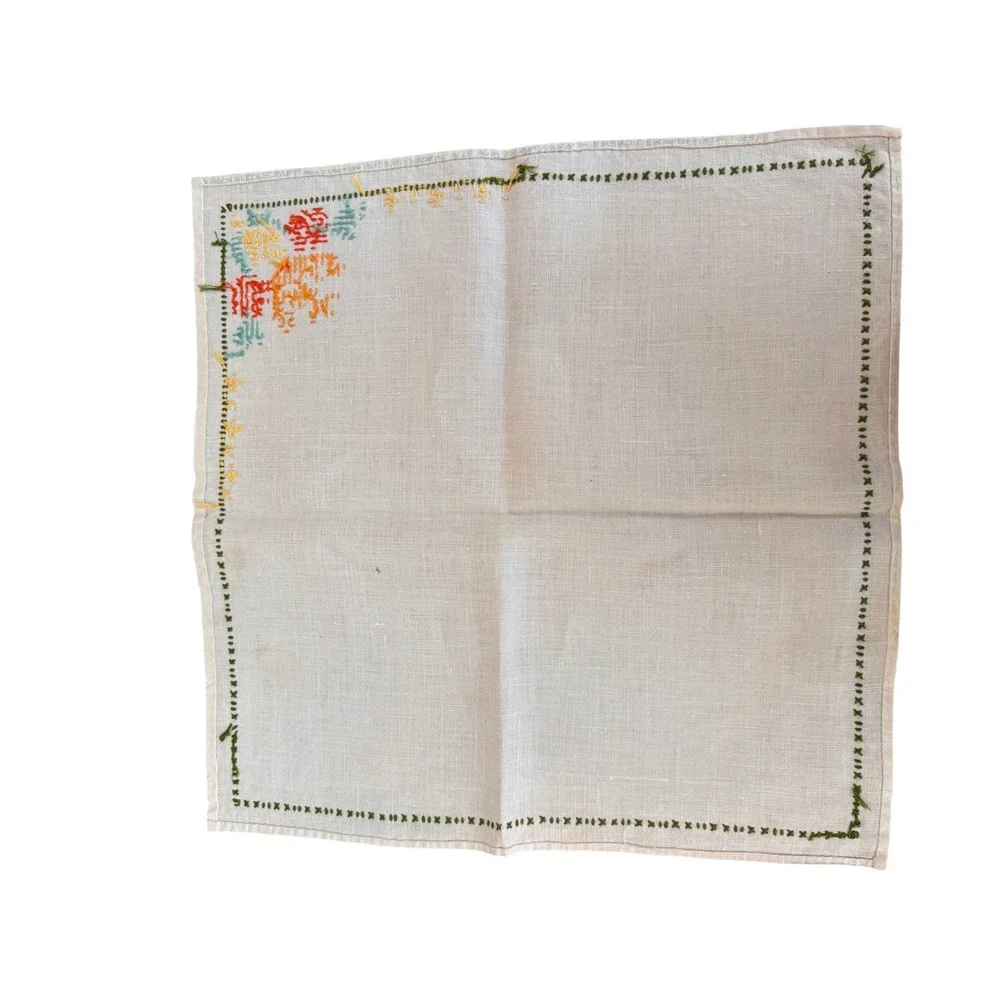 Vintage Hand Embroidered Tea Cloth Cross Stitch Floral Border Off White Square